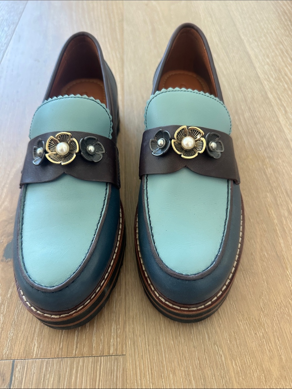 Coach Two-Tone Light Blue and Dark Blue Leather Flower-Trim Loafers - Picture 4 of 7